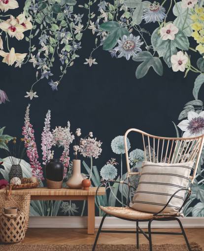 beautiful floral mural in navy