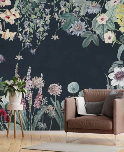 magnifique peinture murale florale en bleu marine