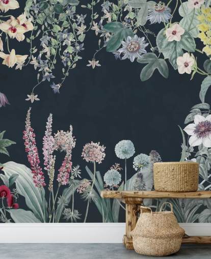 beautiful floral mural in navy