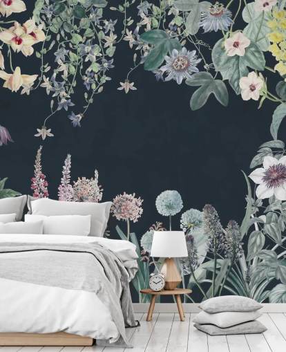 beautiful floral mural in navy