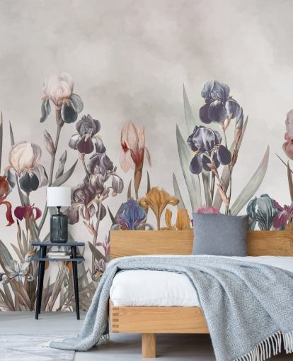 mural de pared floral de iris en crecimiento