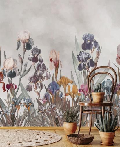 mural de pared floral de iris en crecimiento
