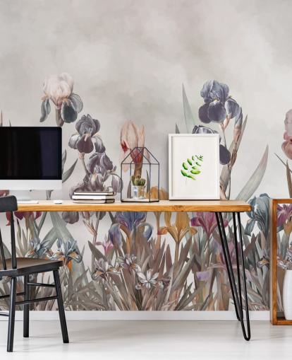 mural de pared floral de iris en crecimiento