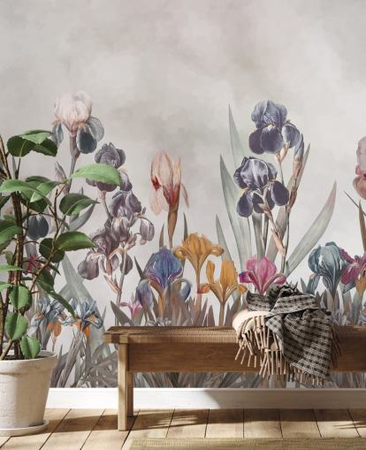 mural de pared floral de iris en crecimiento