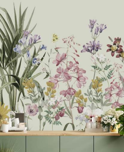 farbenfrohe, individuell gestaltbare Blumentapete von Marina Stupakova für Schlafzimmer