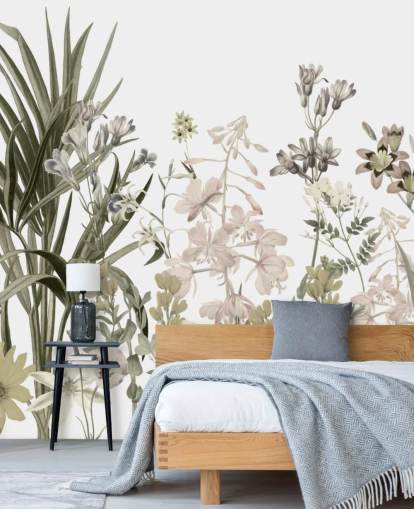 green and white growing flowers wallpaper wall mural by Marina Stupakova for lounges