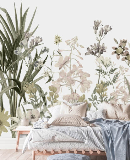 green and white growing flowers wallpaper wall mural by Marina Stupakova for lounges