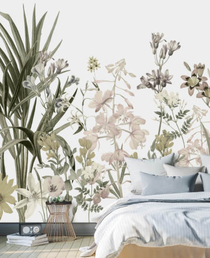 mural de parede de papel de parede de flores em crescimento verdes e brancas de Marina Stupakova para lounges