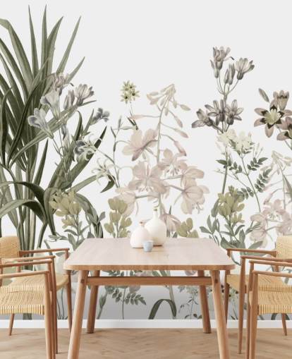 papel pintado de pared de flores verdes y blancas en crecimiento de Marina Stupakova para salones