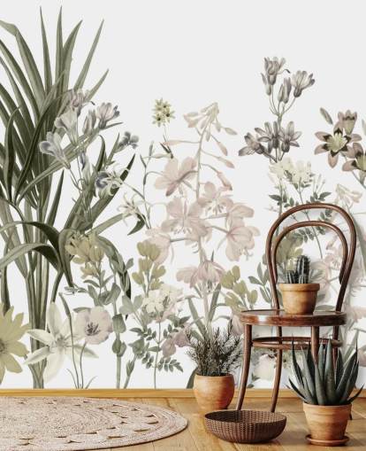 Wandbild mit grünen und weißen wachsenden Blumen von Marina Stupakova für Lounges Wandbild mit grünen und weißen wachsenden Blumen von Marina Stupakova für Lounges