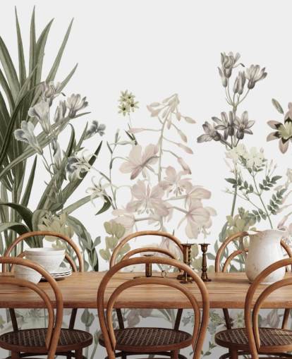 green and white growing flowers wallpaper wall mural by Marina Stupakova for lounges