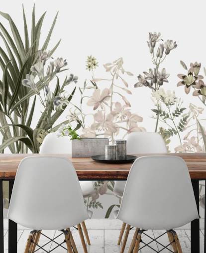 green and white growing flowers wallpaper wall mural by Marina Stupakova for lounges