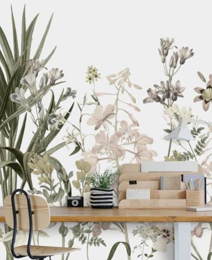 grønne og hvite voksende blomster tapet veggmaleri av Marina Stupakova for salonger grønne og hvite voksende blomster tapet veggmaleri av Marina Stupakova for salonger