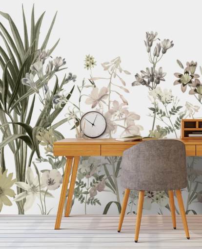 mural de parede de papel de parede de flores em crescimento verdes e brancas de Marina Stupakova para lounges