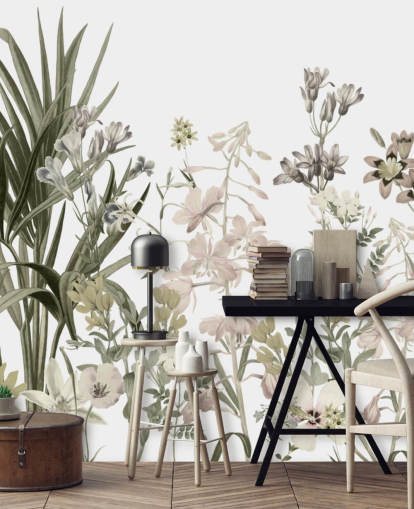 green and white growing flowers wallpaper wall mural by Marina Stupakova for lounges