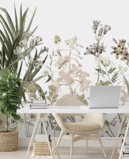mural de parede de papel de parede de flores em crescimento verdes e brancas de Marina Stupakova para lounges