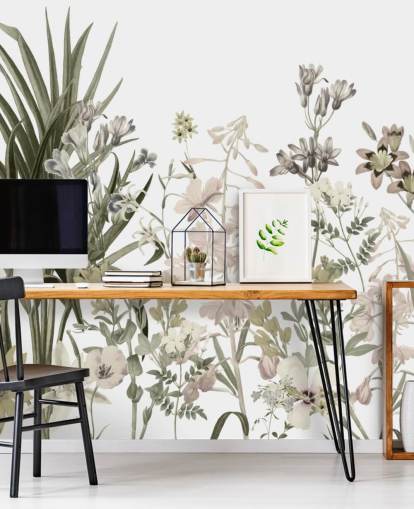 papel pintado de pared de flores verdes y blancas en crecimiento de Marina Stupakova para salones