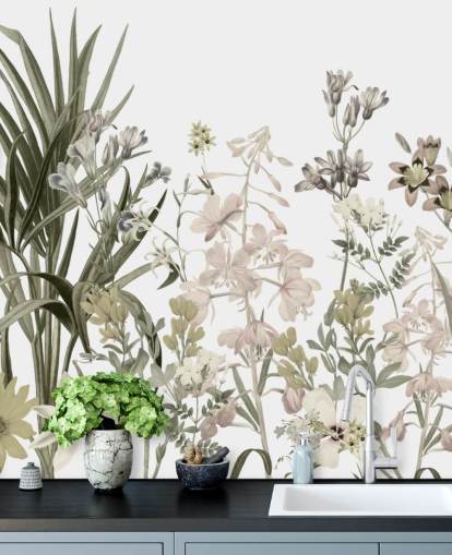 papel pintado de pared de flores verdes y blancas en crecimiento de Marina Stupakova para salones