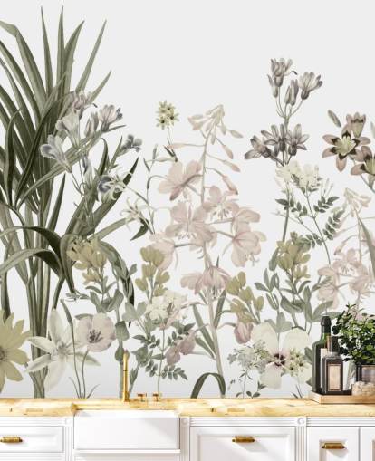 mural de parede de papel de parede de flores em crescimento verdes e brancas de Marina Stupakova para lounges