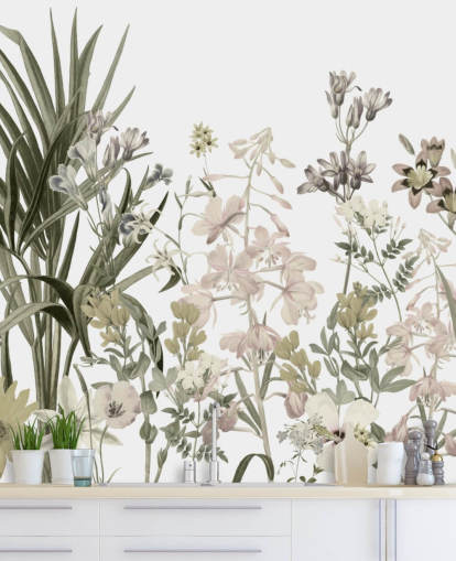 green and white growing flowers wallpaper wall mural by Marina Stupakova for lounges