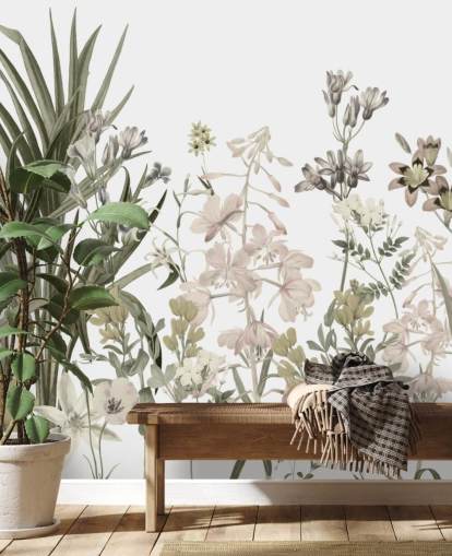 green and white growing flowers wallpaper wall mural by Marina Stupakova for lounges