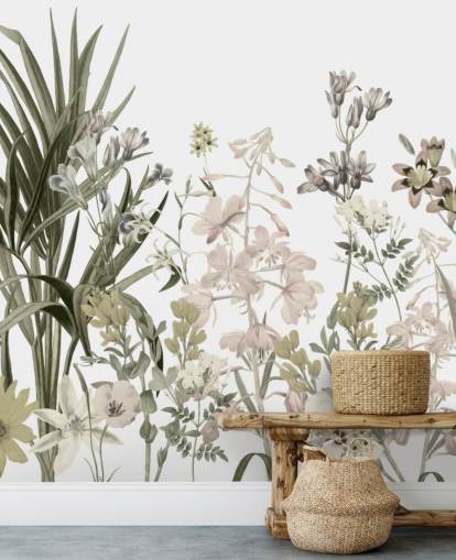 Wandbild mit grünen und weißen wachsenden Blumen von Marina Stupakova für Lounges