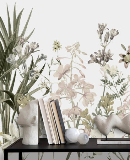 groen en wit groeiende bloemen behangmuurschildering van Marina Stupakova voor lounges
