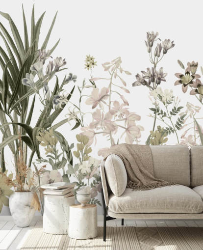 papel pintado de pared de flores verdes y blancas en crecimiento de Marina Stupakova para salones