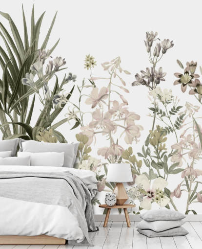 Wandbild mit grünen und weißen wachsenden Blumen von Marina Stupakova für Lounges