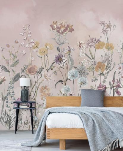 papier peint mural rose personnalisable de primevères en croissance par Marina Stupakova pour les chambres