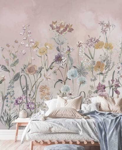 pink customisable growing primulas wallpaper mural by Marina Stupakova for bedrooms