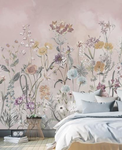 mural rosa personalizable de papel pintado de prímulas en crecimiento de Marina Stupakova para dormitorios