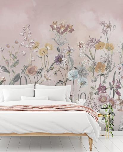 roze aanpasbare groeiende primula's behangmuurschildering van Marina Stupakova voor slaapkamers roze aanpasbare groeiende primula's behangmuurschildering van Marina Stupakova voor slaapkamers