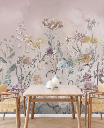 pink customisable growing primulas wallpaper mural by Marina Stupakova for bedrooms