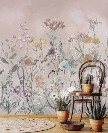 pink customizable growing primulas wallpaper mural by Marina Stupakova for bedrooms