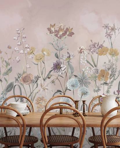 pink customisable growing primulas wallpaper mural by Marina Stupakova for bedrooms