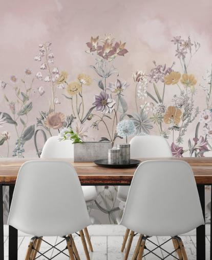 pink customisable growing primulas wallpaper mural by Marina Stupakova for bedrooms