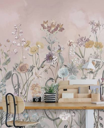 pink customisable growing primulas wallpaper mural by Marina Stupakova for bedrooms