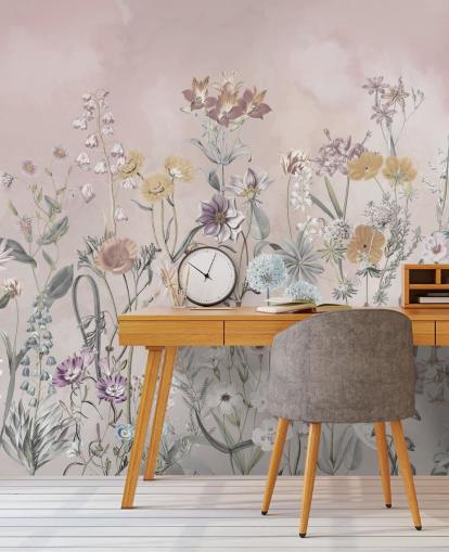 mural rosa personalizable de papel pintado de prímulas en crecimiento de Marina Stupakova para dormitorios