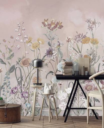 pink customizable growing primulas wallpaper mural by Marina Stupakova for bedrooms