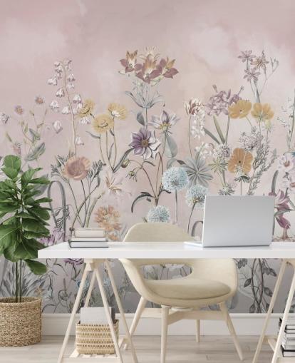 pink customizable growing primulas wallpaper mural by Marina Stupakova for bedrooms