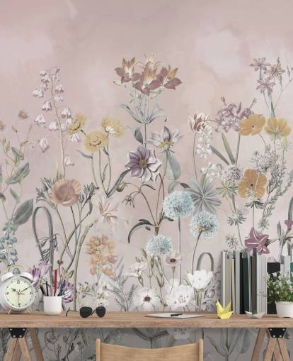 pink customizable growing primulas wallpaper mural by Marina Stupakova for bedrooms
