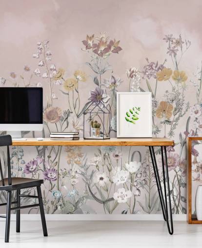pink customisable growing primulas wallpaper mural by Marina Stupakova for bedrooms