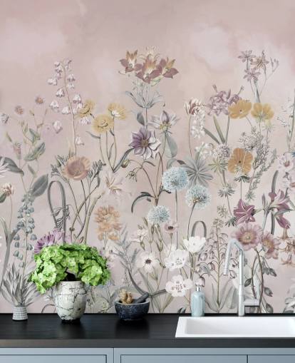 papier peint mural rose personnalisable de primevères en croissance par Marina Stupakova pour les chambres