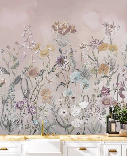 pink customisable growing primulas wallpaper mural by Marina Stupakova for bedrooms