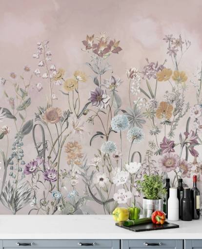 pink customizable growing primulas wallpaper mural by Marina Stupakova for bedrooms