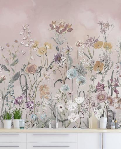 pink customisable growing primulas wallpaper mural by Marina Stupakova for bedrooms