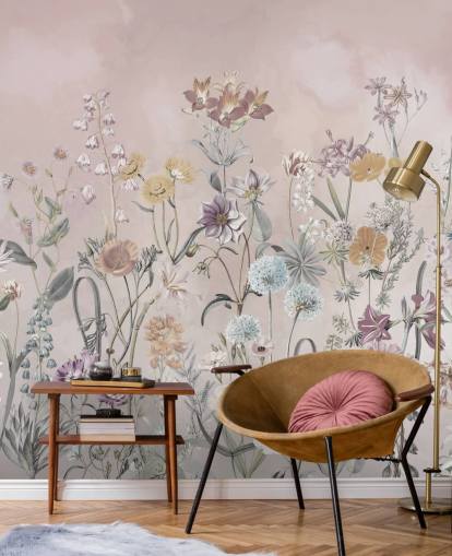 mural de papel de parede rosa personalizável de primulas em crescimento de Marina Stupakova para quartos mural de papel de parede rosa personalizável de primulas em crescimento de Marina Stupakova para quartos