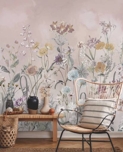 pink customisable growing primulas wallpaper mural by Marina Stupakova for bedrooms