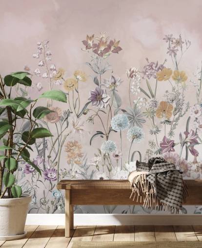 pink customisable growing primulas wallpaper mural by Marina Stupakova for bedrooms